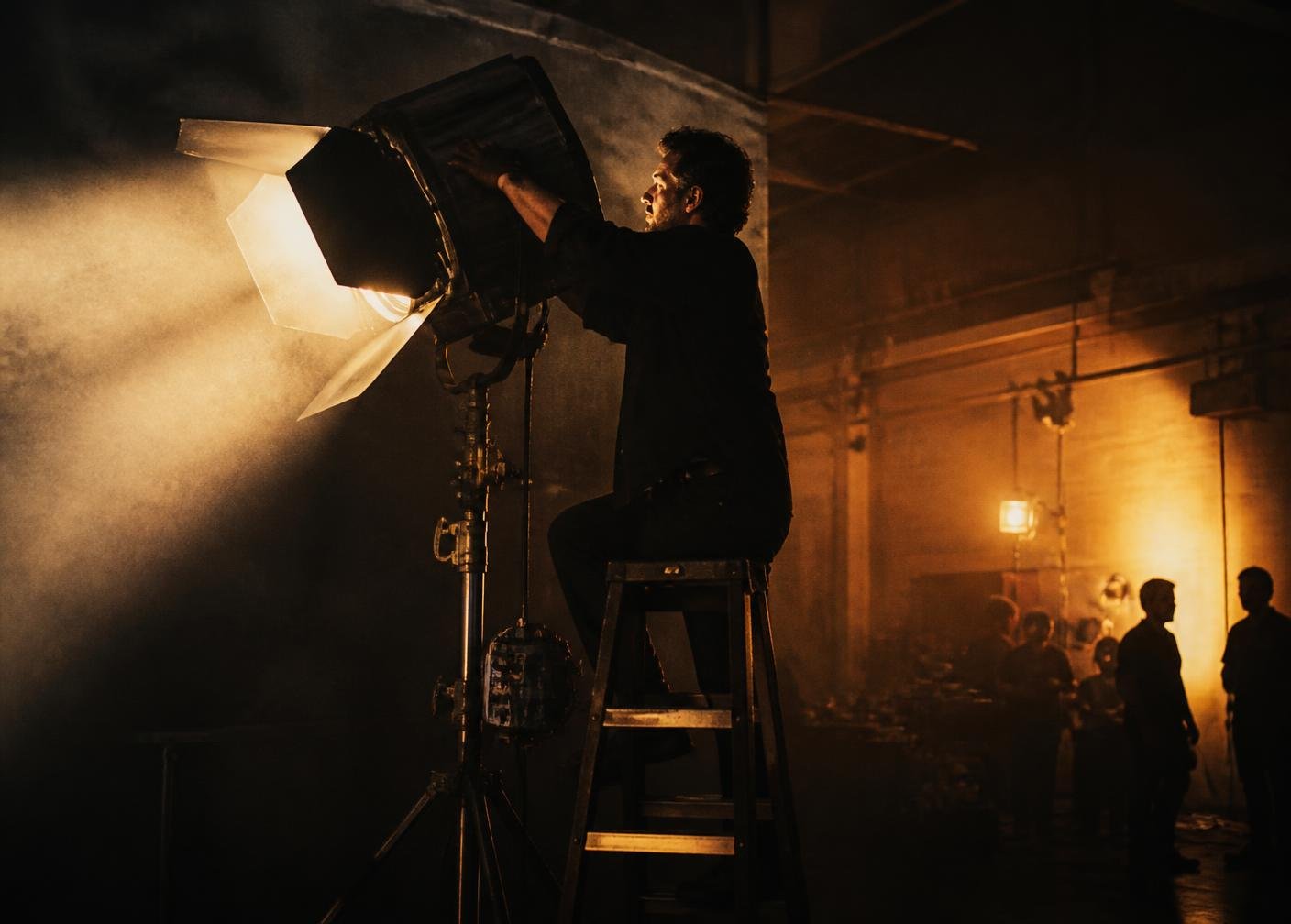 Gaffer adjusting a large film light