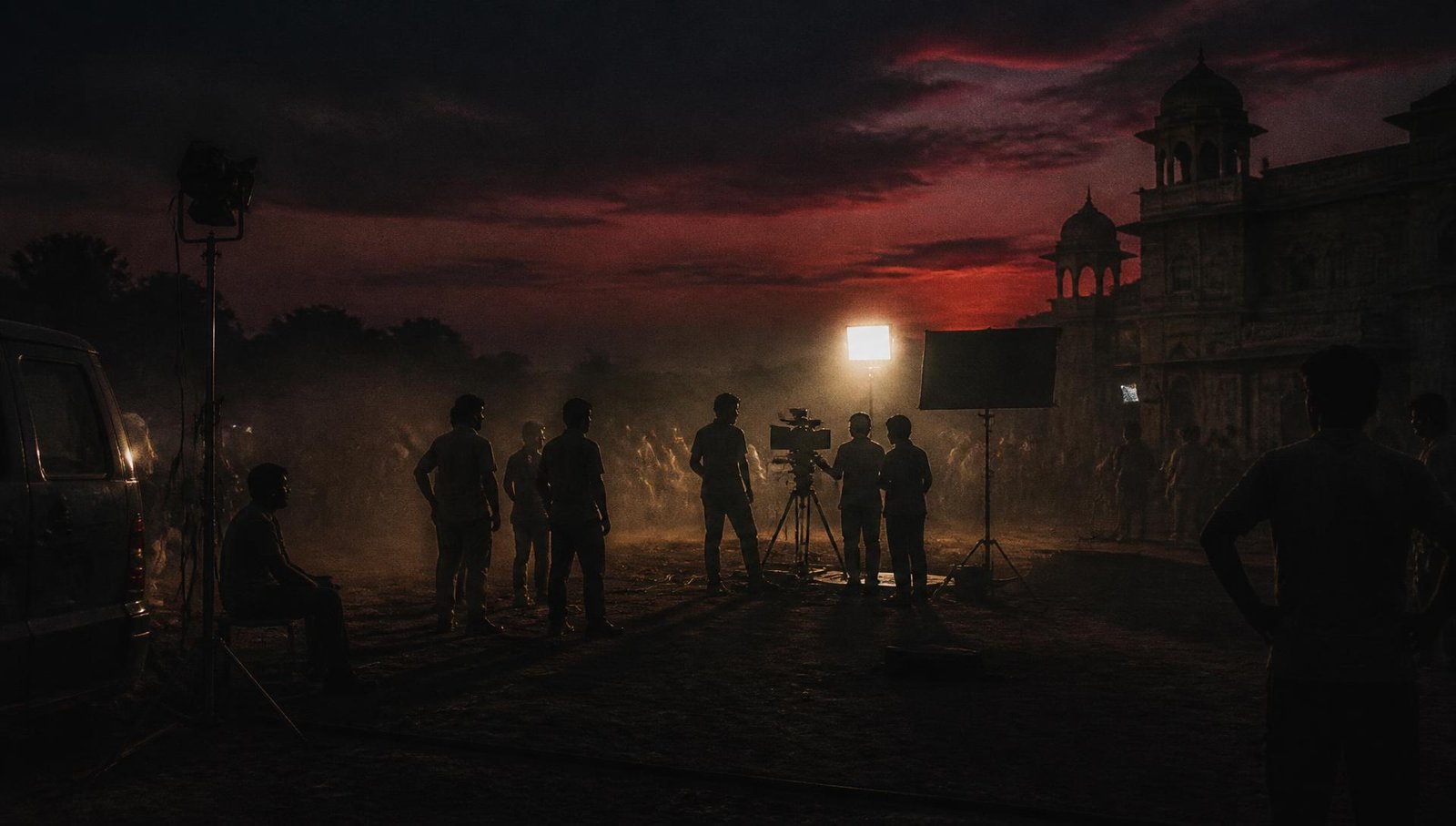 Dusk location shoot with crew silhouettes